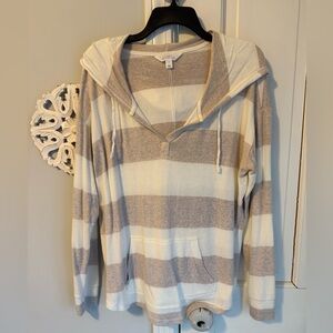 Striped Hooded Sweater - Beige and White
